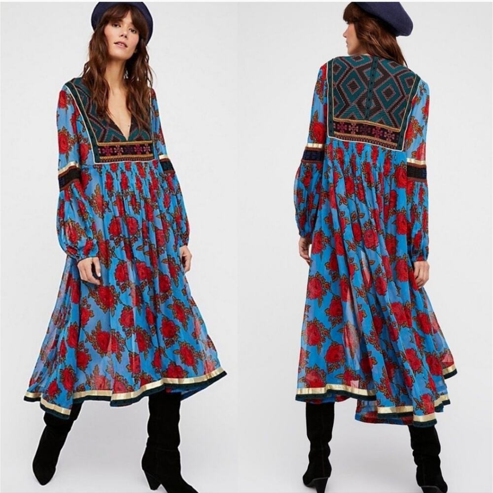 Free People Blue and Red Midi Dress